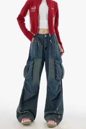 Men's American Street Style Spray Paint Workwear Jeans, Wide-Leg Straight Pants with Large Pockets, High Street Fashion