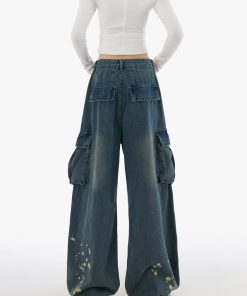 Men's American Street Style Spray Paint Workwear Jeans, Wide-Leg Straight Pants with Large Pockets, High Street Fashion