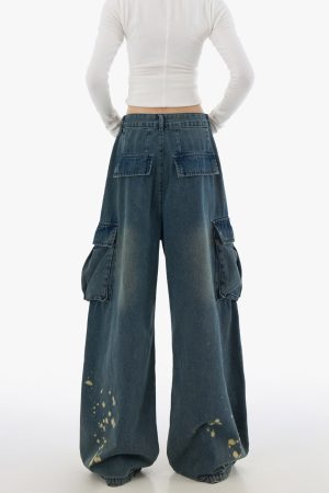 Men's American Street Style Spray Paint Workwear Jeans, Wide-Leg Straight Pants with Large Pockets, High Street Fashion