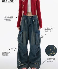 Men's American Street Style Spray Paint Workwear Jeans, Wide-Leg Straight Pants with Large Pockets, High Street Fashion