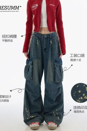 Men's American Street Style Spray Paint Workwear Jeans, Wide-Leg Straight Pants with Large Pockets, High Street Fashion