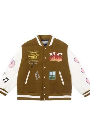 Men's American-Style Baseball Jacket with Graffiti Smiley Face Heart Embroidery and Leather Sleeves, Trendy Urban Fashion Outerwear