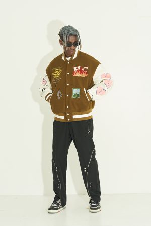 Men's American-Style Baseball Jacket with Graffiti Smiley Face Heart Embroidery and Leather Sleeves, Trendy Urban Fashion Outerwear