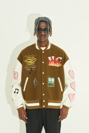Men's American-Style Baseball Jacket with Graffiti Smiley Face Heart Embroidery and Leather Sleeves, Trendy Urban Fashion Outerwear