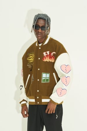 Men's American-Style Baseball Jacket with Graffiti Smiley Face Heart Embroidery and Leather Sleeves, Trendy Urban Fashion Outerwear