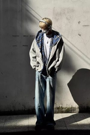 Men's and Women's Retro Plaid Hooded Cardigan Sweatshirt - American-Style Loose Fit Two-Piece Jacket for Spring and Autumn