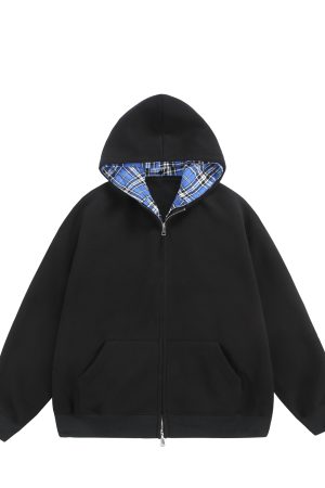 Men's and Women's Retro Plaid Hooded Cardigan Sweatshirt - American-Style Loose Fit Two-Piece Jacket for Spring and Autumn