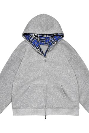 Men's and Women's Retro Plaid Hooded Cardigan Sweatshirt - American-Style Loose Fit Two-Piece Jacket for Spring and Autumn