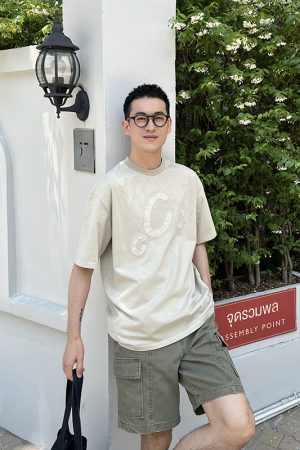 Men's Apricot Embroidered Letter Short Sleeve T-Shirt - Summer 90s Loose Versatile Casual Style