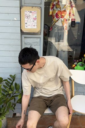 Men's Apricot Embroidered Letter Short Sleeve T-Shirt - Summer 90s Loose Versatile Casual Style