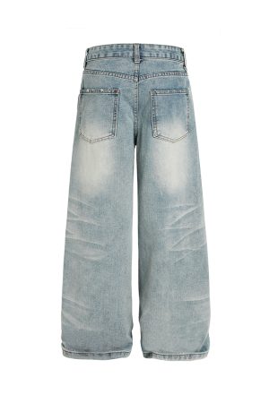 Men's Baggy Jeans - Vintage Distressed Wide-Leg Loose Casual Pants, American Whisker Style, Trendy 90s Fashion
