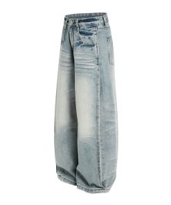 Men's Baggy Jeans - Vintage Distressed Wide-Leg Loose Casual Pants, American Whisker Style, Trendy 90s Fashion