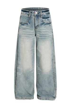 Men's Baggy Jeans - Vintage Distressed Wide-Leg Loose Casual Pants, American Whisker Style, Trendy 90s Fashion