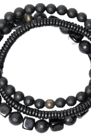 Men's Black Agate and Obsidian Beaded Bracelet Set - Versatile Three-Piece Street Style Accessory