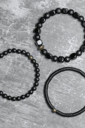 Men's Black Agate and Obsidian Beaded Bracelet Set - Versatile Three-Piece Street Style Accessory