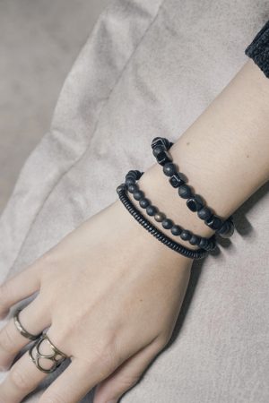 Men's Black Agate and Obsidian Beaded Bracelet Set - Versatile Three-Piece Street Style Accessory