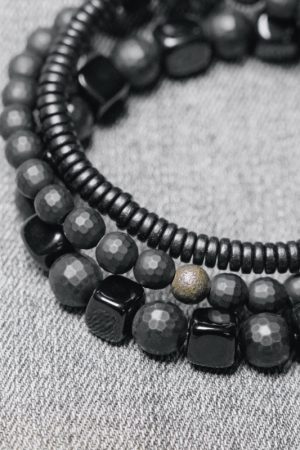 Men's Black Agate and Obsidian Beaded Bracelet Set - Versatile Three-Piece Street Style Accessory