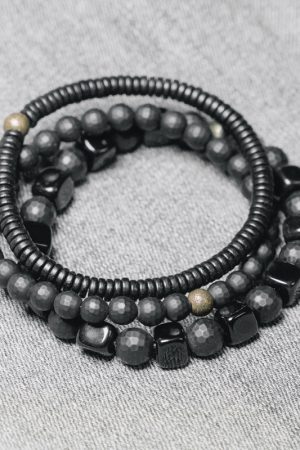 Men's Black Agate and Obsidian Beaded Bracelet Set - Versatile Three-Piece Street Style Accessory