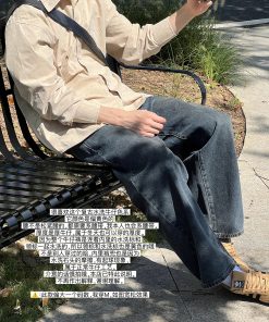 Men's Black and Yellow Washed Denim Wide-Leg Pants - Casual Retro Style for Autumn and Winter