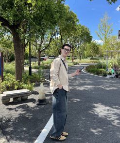 Men's Black and Yellow Washed Denim Wide-Leg Pants - Casual Retro Style for Autumn and Winter