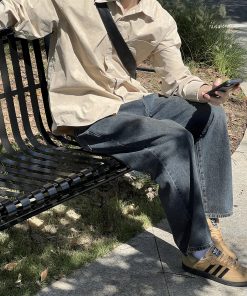 Men's Black and Yellow Washed Denim Wide-Leg Pants - Casual Retro Style for Autumn and Winter