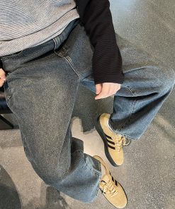 Men's Black and Yellow Washed Denim Wide-Leg Pants - Casual Retro Style for Autumn and Winter