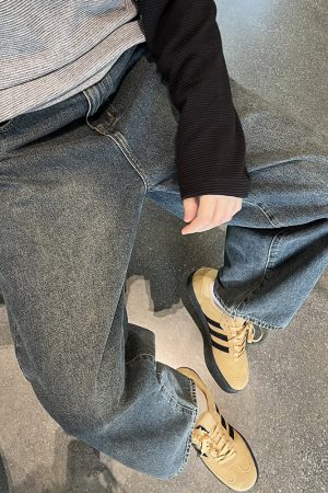 Men's Black and Yellow Washed Denim Wide-Leg Pants - Casual Retro Style for Autumn and Winter