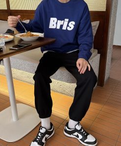 Men's Black Fleece-Lined Casual Sweatpants, Loose-Fitting Japanese-Style Thick Tapered Joggers for Autumn and Winter