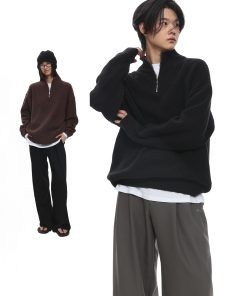 Men's Black Half-Zip High Neck Sweatshirt - Roaring Beast Design, Warm Knitted Sweater for Autumn Winter, Trendy 90s Style