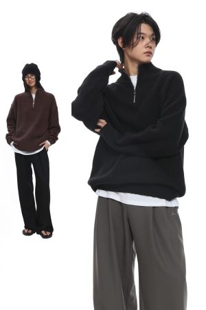 Men's Black Half-Zip High Neck Sweatshirt - Roaring Beast Design, Warm Knitted Sweater for Autumn Winter, Trendy 90s Style