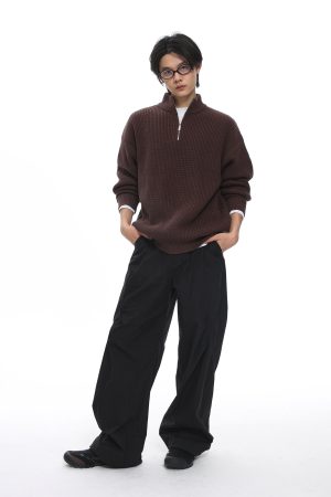 Men's Black Half-Zip High Neck Sweatshirt - Roaring Beast Design, Warm Knitted Sweater for Autumn Winter, Trendy 90s Style