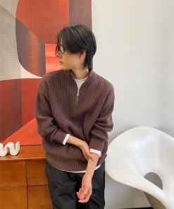 Men's Black Half-Zip High Neck Sweatshirt - Roaring Beast Design, Warm Knitted Sweater for Autumn Winter, Trendy 90s Style