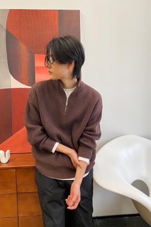 Men's Black Half-Zip High Neck Sweatshirt - Roaring Beast Design, Warm Knitted Sweater for Autumn Winter, Trendy 90s Style