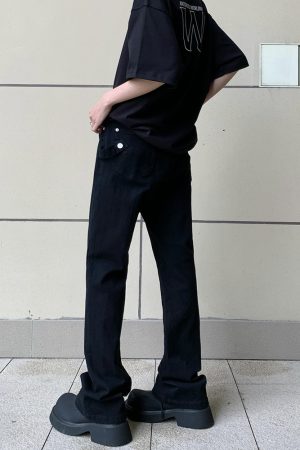 Men's Black Micro-Flare Slim Fit Jeans - Versatile Casual Cleanfit Pants for High Street Style