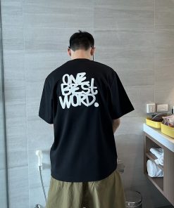 Men's Black Short Sleeve T-Shirt with Back Letter Embroidery, Summer Casual Loose Fit, Trendy American Style