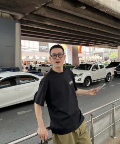 Men's Black Short Sleeve T-Shirt with Back Letter Embroidery, Summer Casual Loose Fit, Trendy American Style