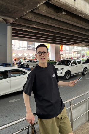 Men's Black Short Sleeve T-Shirt with Back Letter Embroidery, Summer Casual Loose Fit, Trendy American Style