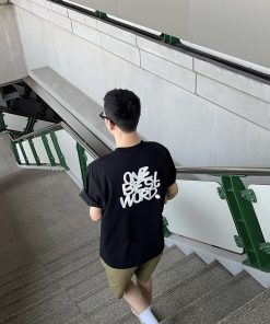 Men's Black Short Sleeve T-Shirt with Back Letter Embroidery, Summer Casual Loose Fit, Trendy American Style