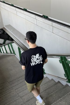Men's Black Short Sleeve T-Shirt with Back Letter Embroidery, Summer Casual Loose Fit, Trendy American Style