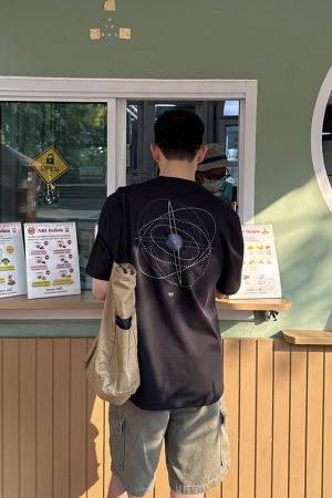 Men's Black Short Sleeve T-Shirt with Back Planet Print - Summer Casual American Street Style, Loose Fit