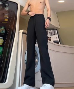 Men's Black Straight-Leg Trousers with Draping High-End Feel, Curved Knife Flare, Casual Spring/Summer Suit Pants