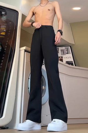 Men's Black Straight-Leg Trousers with Draping High-End Feel, Curved Knife Flare, Casual Spring/Summer Suit Pants