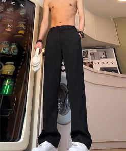 Men's Black Straight-Leg Trousers with Draping High-End Feel, Curved Knife Flare, Casual Spring/Summer Suit Pants