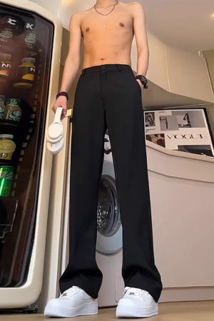 Men's Black Straight-Leg Trousers with Draping High-End Feel, Curved Knife Flare, Casual Spring/Summer Suit Pants