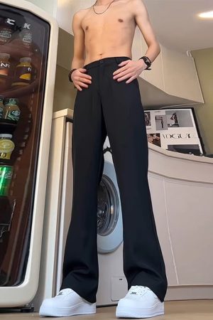 Men's Black Straight-Leg Trousers with Draping High-End Feel, Curved Knife Flare, Casual Spring/Summer Suit Pants