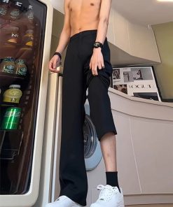 Men's Black Straight-Leg Trousers with Draping High-End Feel, Curved Knife Flare, Casual Spring/Summer Suit Pants