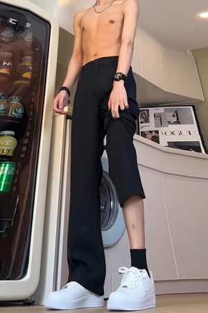 Men's Black Straight-Leg Trousers with Draping High-End Feel, Curved Knife Flare, Casual Spring/Summer Suit Pants