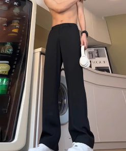 Men's Black Straight-Leg Trousers with Draping High-End Feel, Curved Knife Flare, Casual Spring/Summer Suit Pants