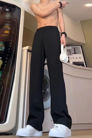 Men's Black Straight-Leg Trousers with Draping High-End Feel, Curved Knife Flare, Casual Spring/Summer Suit Pants