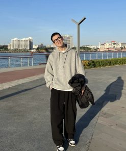 Men's Black Thick Fleece Casual Pants - Loose Fit Straight Leg Trendy Long Trousers for Autumn Winter Style